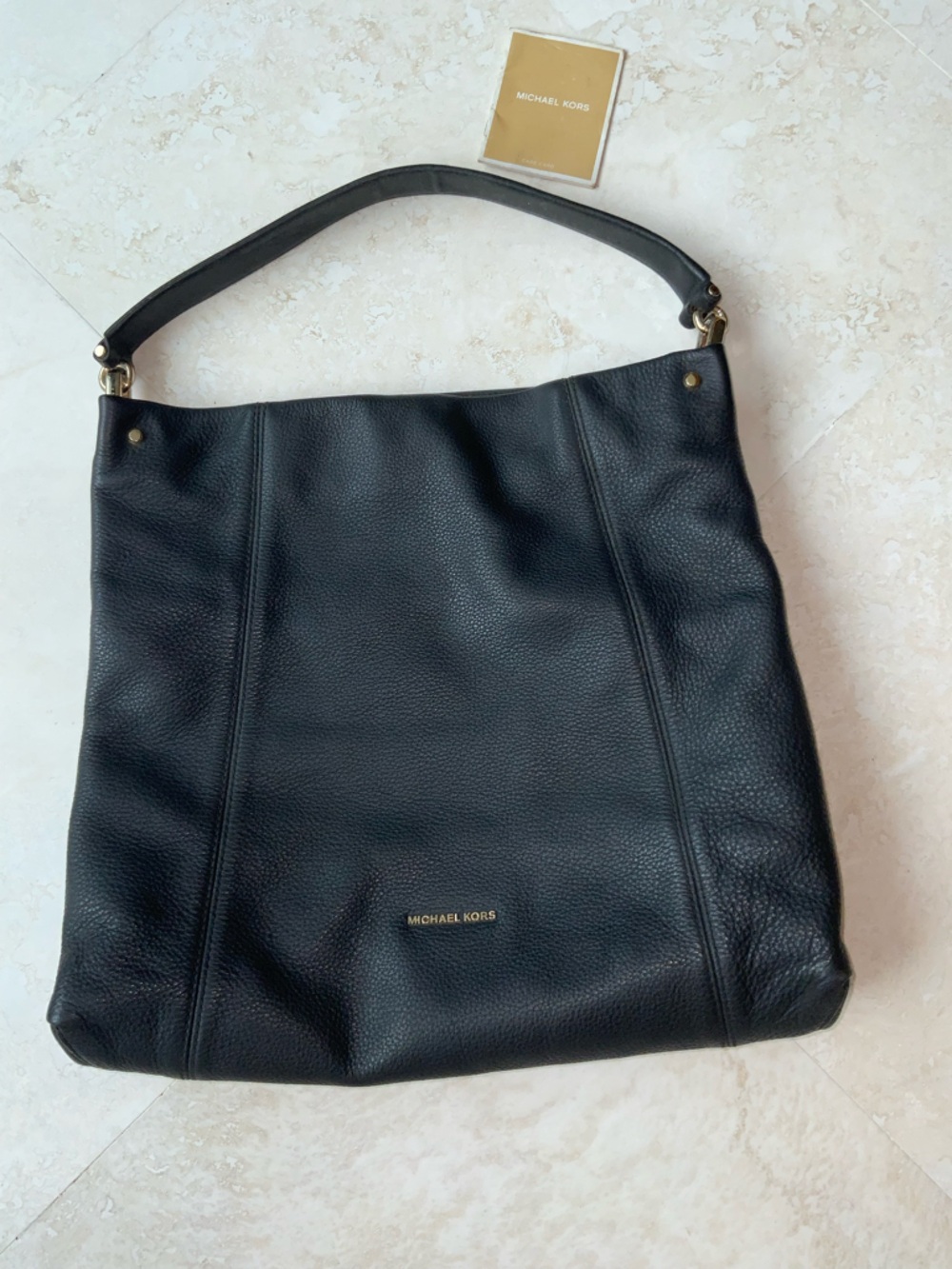 Michael Kors Black Pebbled Leather Hobo Shoulder Bag with Gold Hardware